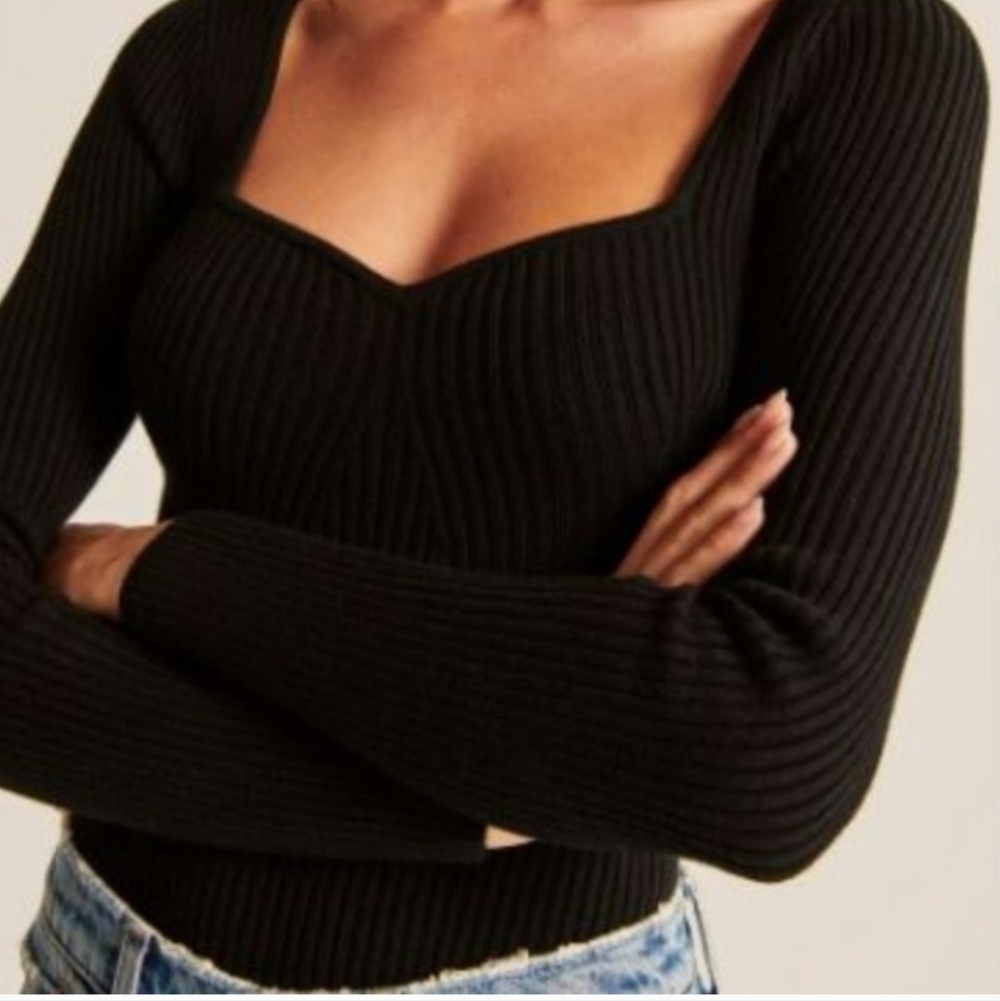 Abercrombie & Fitch long sleeve sweetheart neckline sweater bodysuit In Black